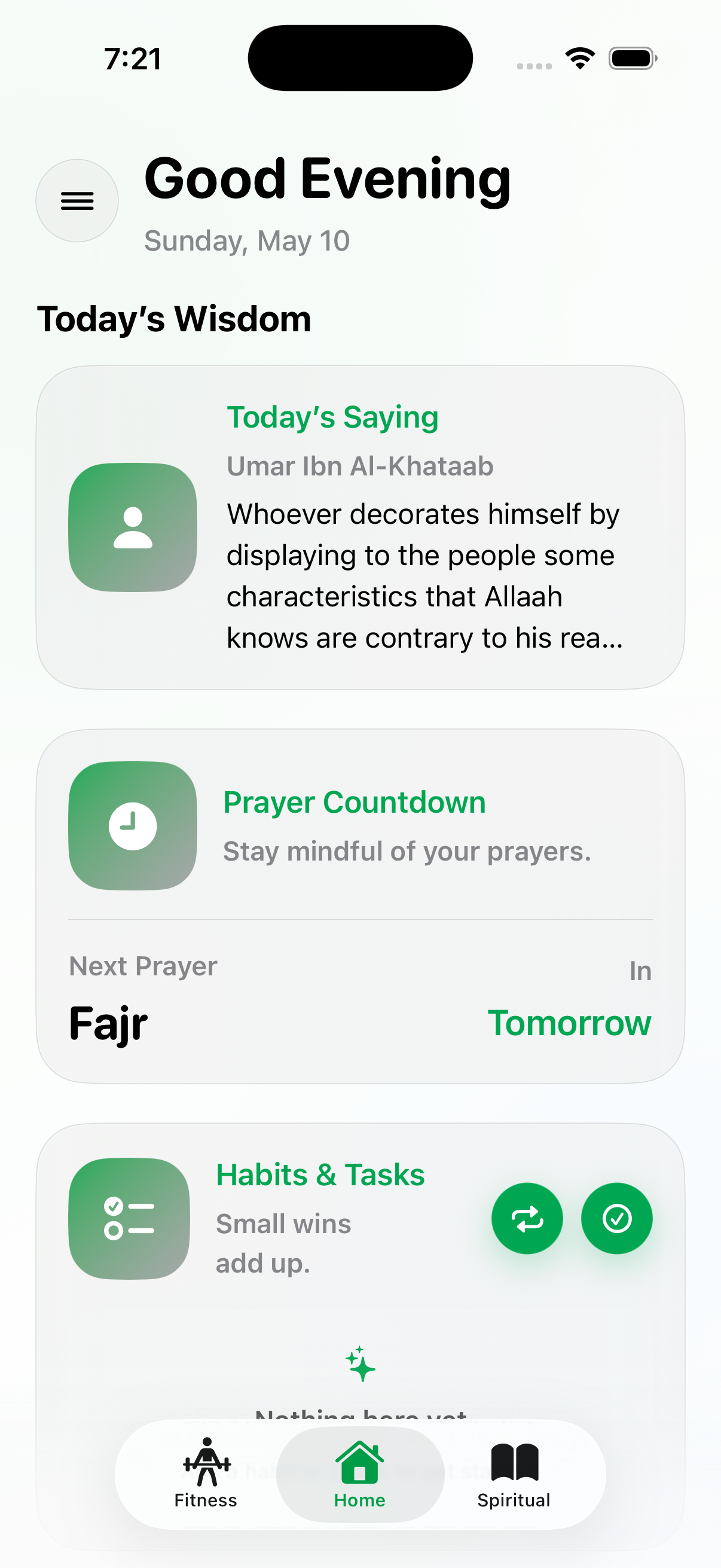 Izzah home screen showing Today's Wisdom and prayer countdown